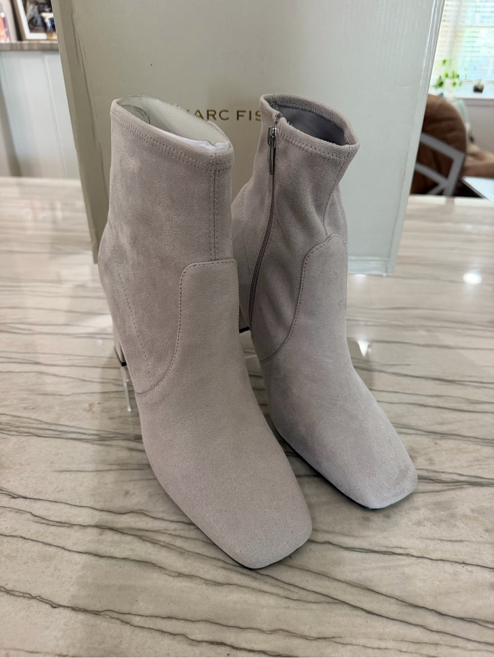 Marc Fisher Light Gray Suede Square-Toe Ankle Booties